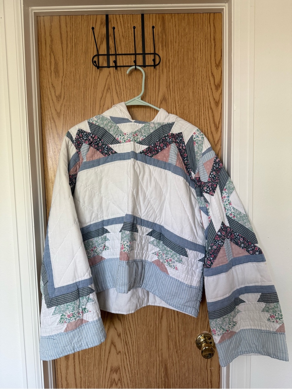 Quilted Patchwork Hooded Jacket - White with Blue & Pink